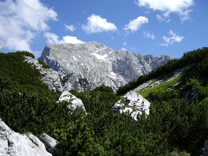 Hoher Göll Der Gipfel liegt in weiter Ferne. Die Göllleiten ist verdeckt.